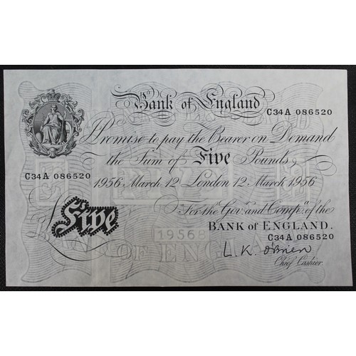 3 - Bank of England white £5 note, London, 12th March 1956, L.K. O'Brien, B276, S/N C34A 086520. Light c... 