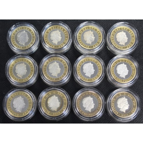 266 - Silver piedfort proof £2 coins (12) comprising 2003 DNA, 2004 Trevithick, 2005 Gunpowder Plot, 2005 ... 