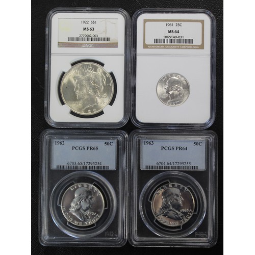 362 - USA, a selection of silver & silver proof coins (4) to include 1922 Peace dollar (NGC MS63), 196... 