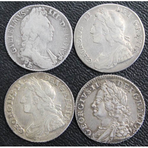 98 - Shillings (4) comprising 1696-E, 1736, 1739 & 1758. Mixed grades, nFine to VF, the first scarce.