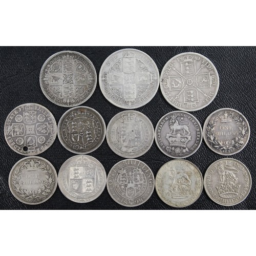 106 - Shillings & florins (13) comprising shillings of 1741 (pierced), 1817, 1824, 1826, 1834, 1864 (d... 