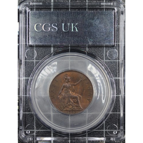 61 - 1902 Half penny, CGS 75, Edward VII. Reverse B with high tide. Beautiful rich antique tone. aUNC. [F... 