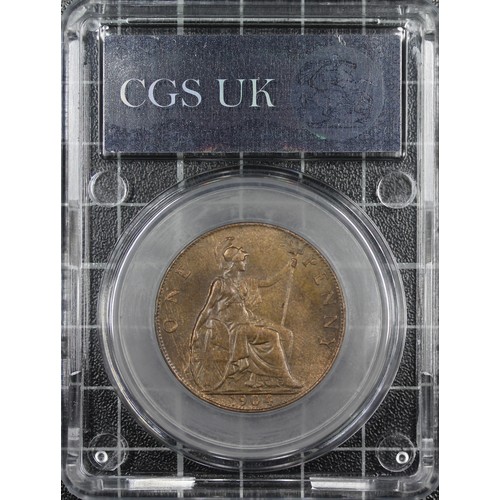 73 - 1904 Penny, CGS 75, Edward VII. An excellent example with mottled toning belying a sharp strike with... 