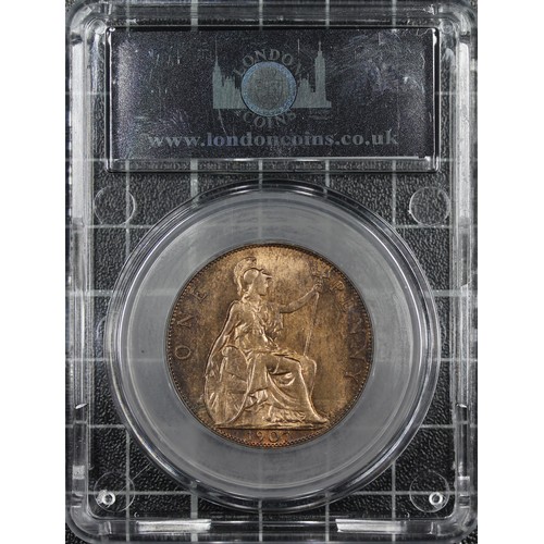 75 - 1907 Penny, CGS 75, Edward VII. Mottled toning throughout, lustrous beneath. Open 9 in date (CGS var... 