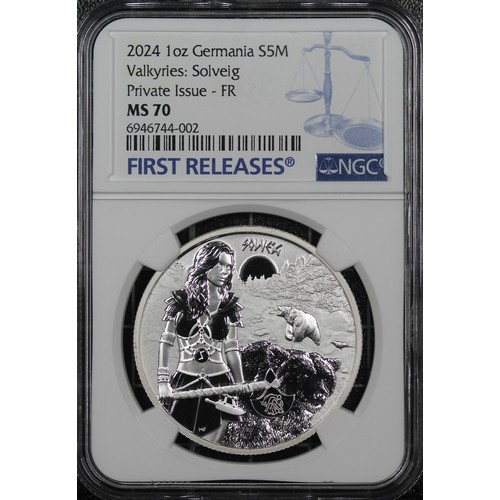 353 - 2024 1oz Silver 5 Marks, NGC MS70, Valkyries: Solveig. A private issue by the Germania Mint who prod... 