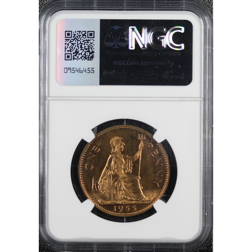 82 - 1953 Proof penny, NGC PF65 RB, Elizabeth II. Vibrant and bold; UNC/nFDC. [Freeman 246 (Dies 1+B), Pe... 