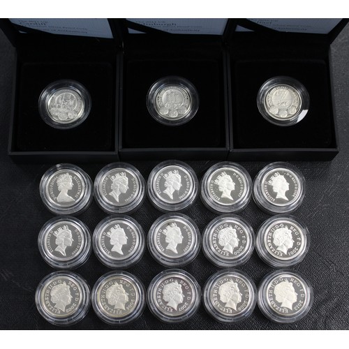 250 - Silver proof piedfort £1 coins (18) comprising 1984, 1985, 1986, 1987, 1988, 1989, 1996, 1997, 2000,... 