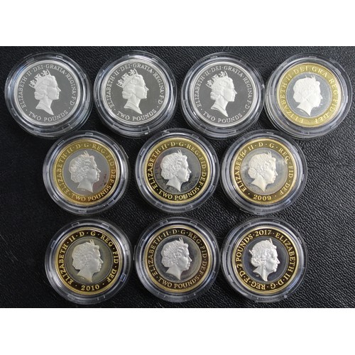 259 - Silver proof piedfort £2 coins (10) comprising 1994 Bank of England, 1995 United Nations, 1995 WWII ... 