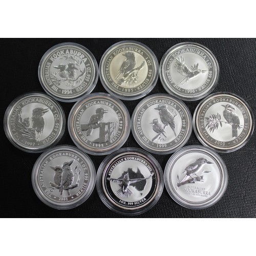 349 - Australia 1oz silver Kookaburra date run 1994-2003 (10 coins). Occasional light toning otherwise as ... 