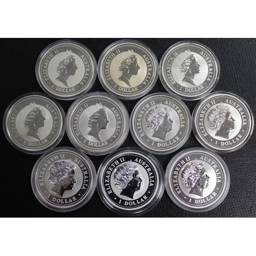 349 - Australia 1oz silver Kookaburra date run 1994-2003 (10 coins). Occasional light toning otherwise as ... 