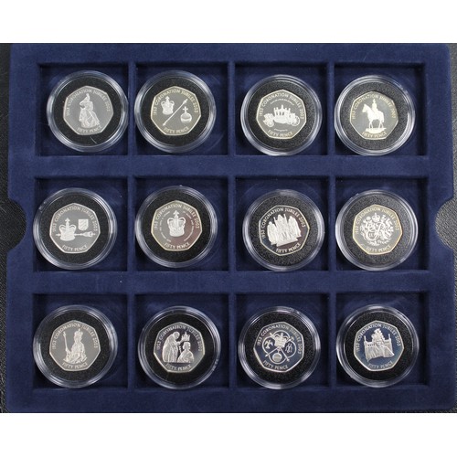 283 - 2003 Channel Islands Coronation Jubilee 12-coin 50p silver proof set. Comprising four issues each fr... 