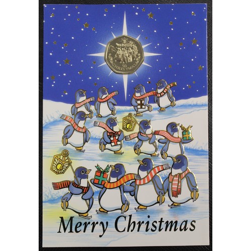 415 - Gibraltar 1995 Singing Penguins Christmas 50p coin with diamond finish on original card. With COA.