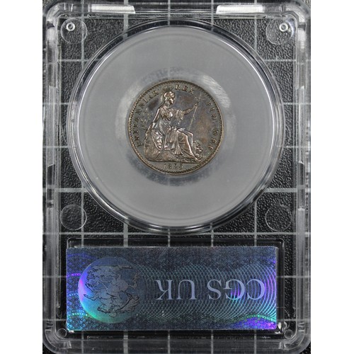 4 - 1825 Farthing, CGS 70, George IV first issue. O. laureate and draped bust left, R. seated Britannia ... 