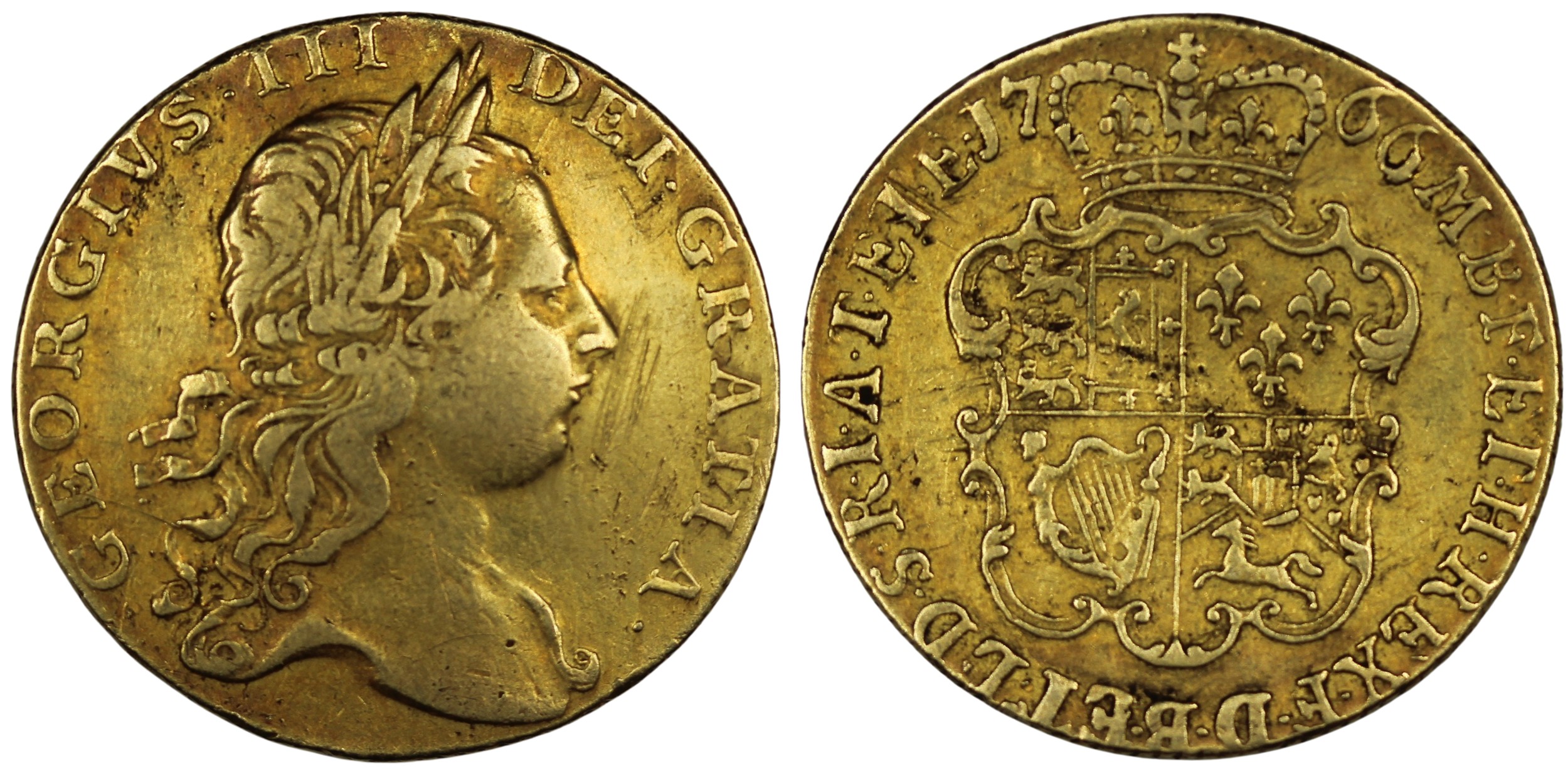 1766 Guinea, George III. O. third laureate bust, R. crowned shield of ...