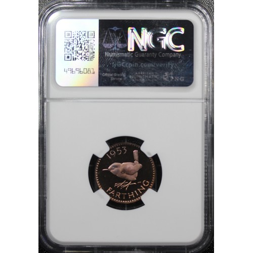 19 - 1953 Proof Farthing, NGC PF66RB Cameo, Elizabeth II. O. young laureate head right, R. Wren facing le... 