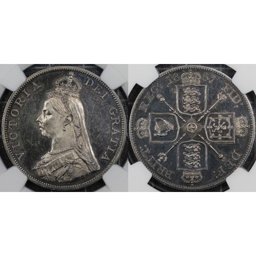 34 - 1887 Proof double florin, NGC PF62 Cameo, Victoria. Arabic 1 in date. Deeply toned with right purple... 