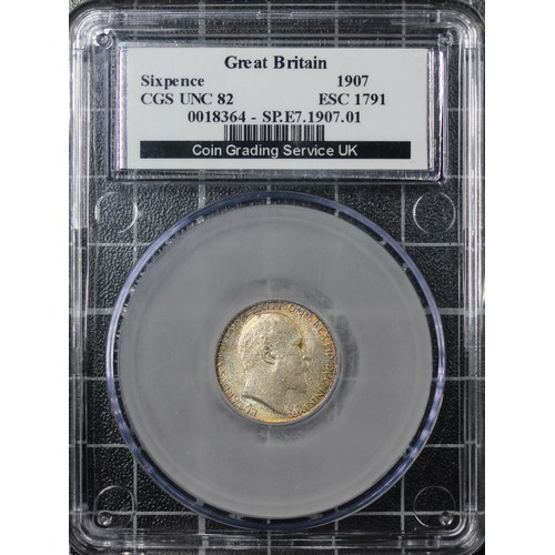 166 - 1907 Sixpence, CGS 82, Edward VII. O. bare head right, R. SIX PENCE in wreath with date below. UNC w... 