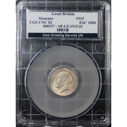 169 - 1915 Sixpence, CGS 82, George V. O. Bare head left, R. Lion on crown dividing date. UNC with much lu... 