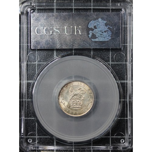 169 - 1915 Sixpence, CGS 82, George V. O. Bare head left, R. Lion on crown dividing date. UNC with much lu... 