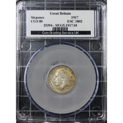 170 - 1917 Sixpence, CGS 80, George V. O. Bare head left, R. Lion on crown dividing date. A good strike fo... 