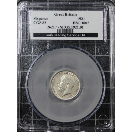 171 - 1921 Sixpence, CGS 82, George V. O. Bare head left, R. Lion on crown dividing date. UNC much lustre ... 
