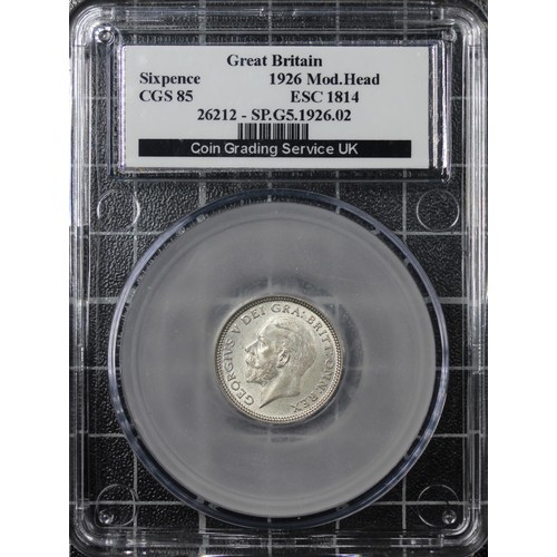 173 - 1926 Sixpence, CGS 85, George V. O. Bare head left with modified effigy, R. Lion on crown dividing d... 