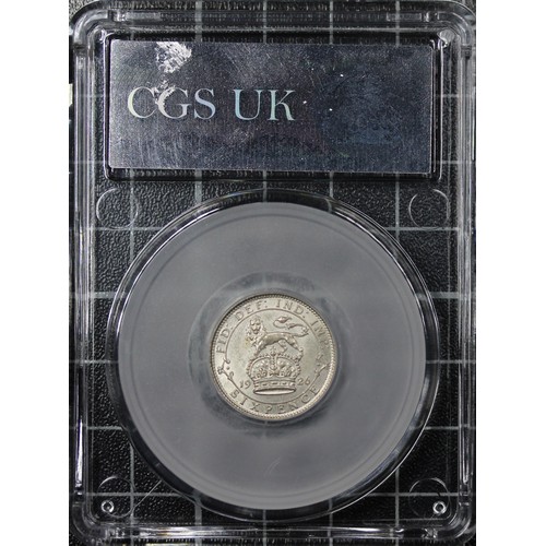 173 - 1926 Sixpence, CGS 85, George V. O. Bare head left with modified effigy, R. Lion on crown dividing d... 