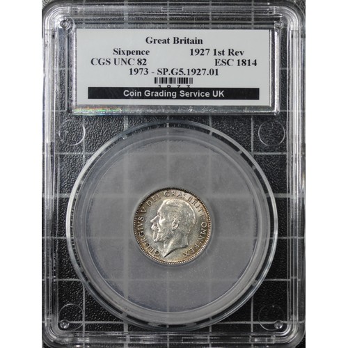 174 - 1927 Sixpence, CGS 82, George V. O. Bare head left with modified effigy, R. Lion on crown dividing d... 
