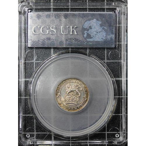 174 - 1927 Sixpence, CGS 82, George V. O. Bare head left with modified effigy, R. Lion on crown dividing d... 