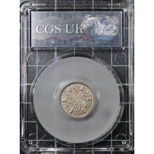 175 - 1929 Sixpence, CGS 85, George V. O. Bare head left, R. three oak sprigs with six acorns. Choice UNC ... 