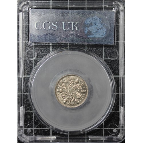 176 - 1930 Sixpence, CGS 88, George V. O. Bare head left, R. three oak sprigs with six acorns. Choice UNC/... 