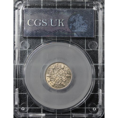 177 - 1932 Sixpence, CGS 85, George V. O. Bare head left, R. three oak sprigs with six acorns. Choice UNC ... 