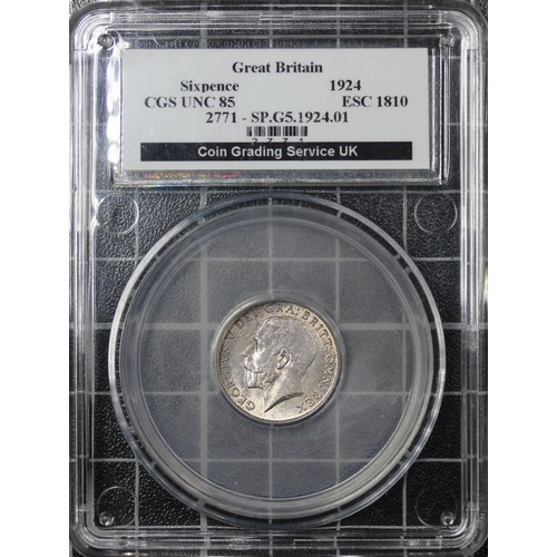 178 - 1924 Sixpence, CGS 85, George V. O. Bare head left, R. Lion on crown dividing date. Choice UNC with ... 