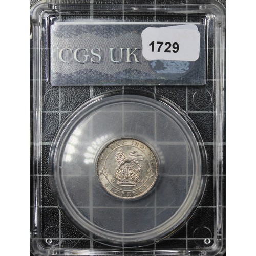 178 - 1924 Sixpence, CGS 85, George V. O. Bare head left, R. Lion on crown dividing date. Choice UNC with ... 