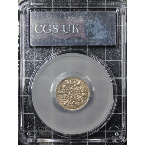 179 - 1935 Sixpence, CGS 88, George V. O. Bare head left, R. three oak sprigs with six acorns. Choice UNC/... 