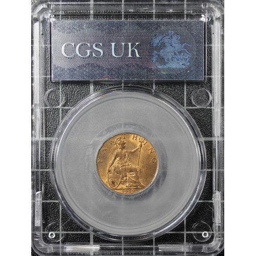 40 - 1919 Farthing, CGS 80, George V. O. bare head left, R. seated Britannia with date in exergue. Ex-Fin... 