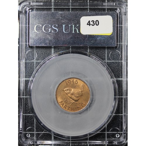 42 - 1946 Farthing, CGS 82, George VI. O. bare head right, R. Wren facing left with date above and denomi... 
