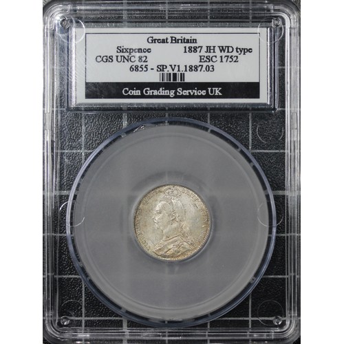 160 - 1887 Sixpence, CGS 82, Victoria. O. jubilee head left, R. crowned shield with garter legend surround... 