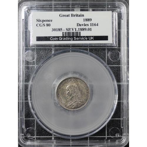 161 - 1889 Sixpence, CGS 80, Victoria. O. jubilee head left, R. crowned shield with garter legend surround... 