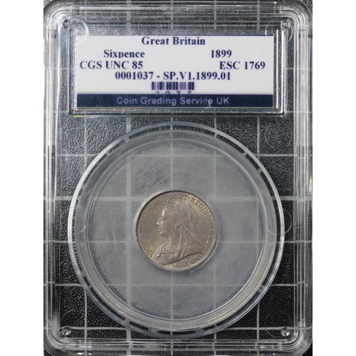 163 - 1899 Sixpence, CGS 85, Victoria. O. veiled head left, R. SIX PENCE in wreath with large date below. ... 