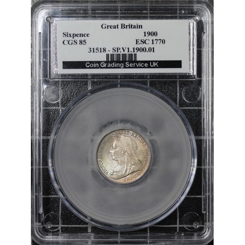 164 - 1900 Sixpence, CGS 85, Victoria. O. veiled head left, R. SIX PENCE in wreath with date below. About ... 