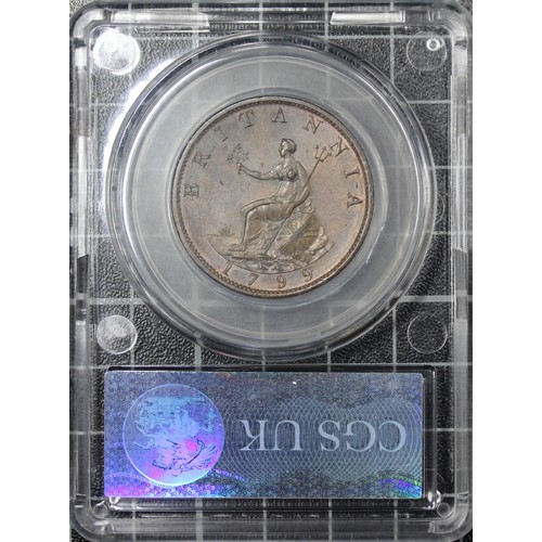 47 - 1799 Half penny, CGS 80, George III. O. Laureate and draped bust right, R. seated Britannia, BRITANN... 