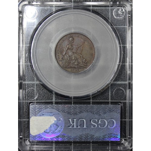 28 - 1822 Farthing, CGS 70, George IV first issue. O. second laureate and draped bust left with incuse le... 