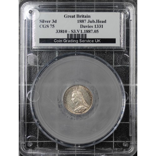134 - 1887 Threepence, CGS 75, Victoria. O. jubilee head left, R. crowned denomination dividing date. aUNC... 