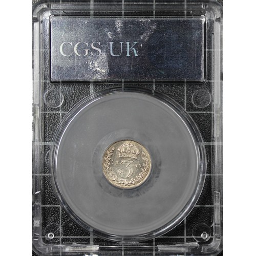 134 - 1887 Threepence, CGS 75, Victoria. O. jubilee head left, R. crowned denomination dividing date. aUNC... 