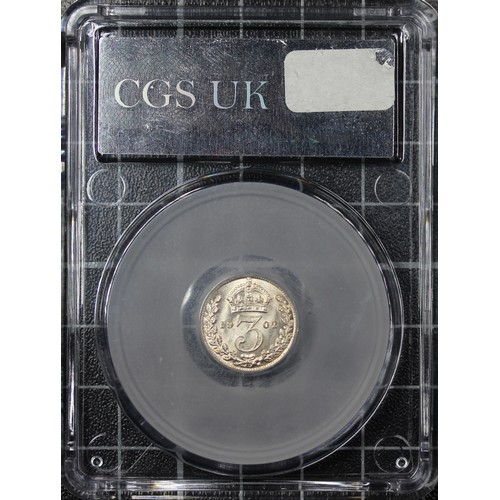 136 - 1902 Threepence, CGS 82, Edward VII. O. bare head right, R. crowned denomination dividing date. UNC ... 