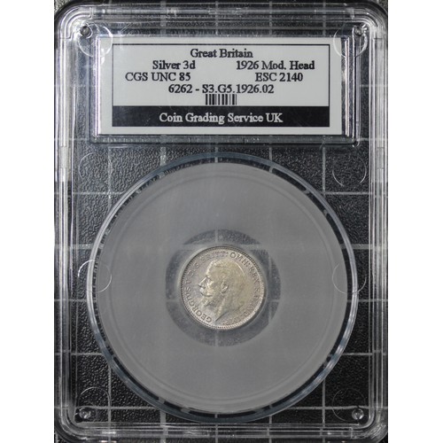 137 - 1926 Threepence, CGS 85, George V. O. bare head left with modified effigy, R. crowned denomination d... 