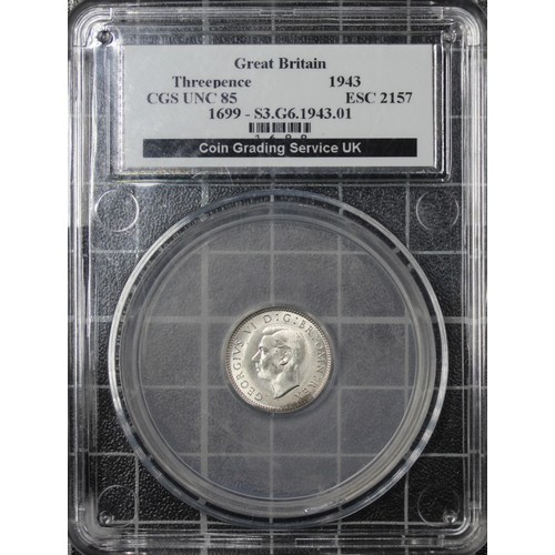 139 - 1943 Threepence, CGS 85, George VI. O. bare head right, R. shield on rose. Choice UNC, one of the ke... 
