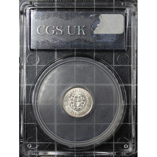139 - 1943 Threepence, CGS 85, George VI. O. bare head right, R. shield on rose. Choice UNC, one of the ke... 