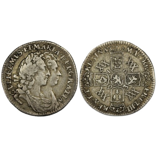152 - 1693 Sixpence, William & Mary. O. conjoined busts, R. crowned cruciform shields, W/M monogram in... 